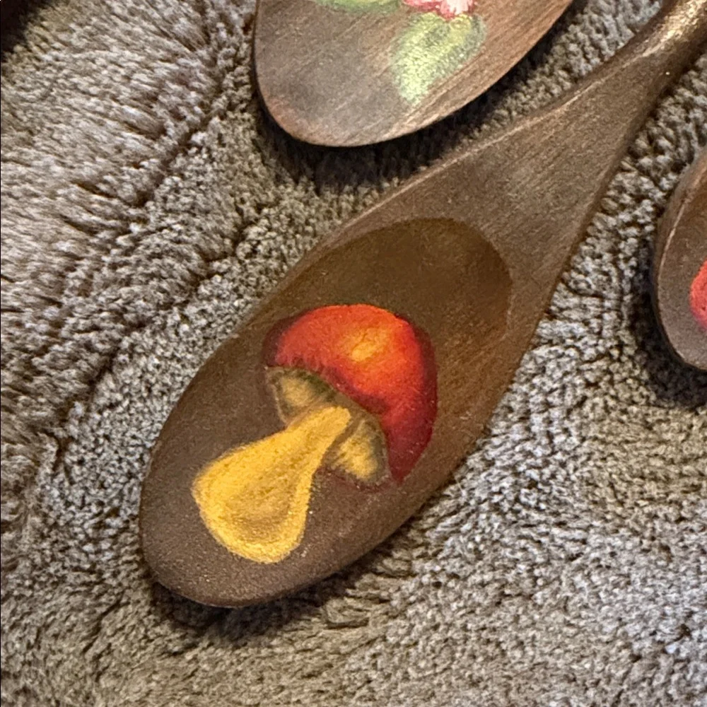 Vintage 70s Hand Painted Wooden Utensils Set (4)